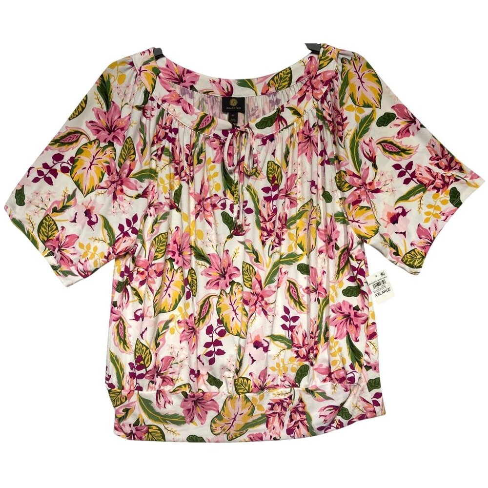 JM Collection XXL Floral Banded Bottom Knit Top Polyester Spandex